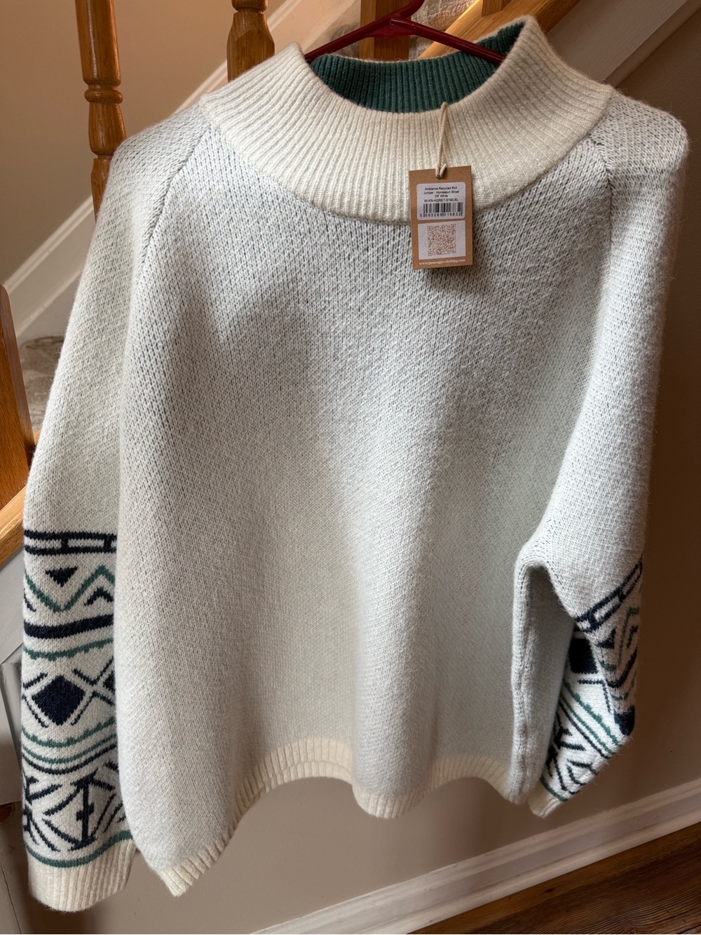 Cream Turtleneck Sweater with Patterned Sleeves